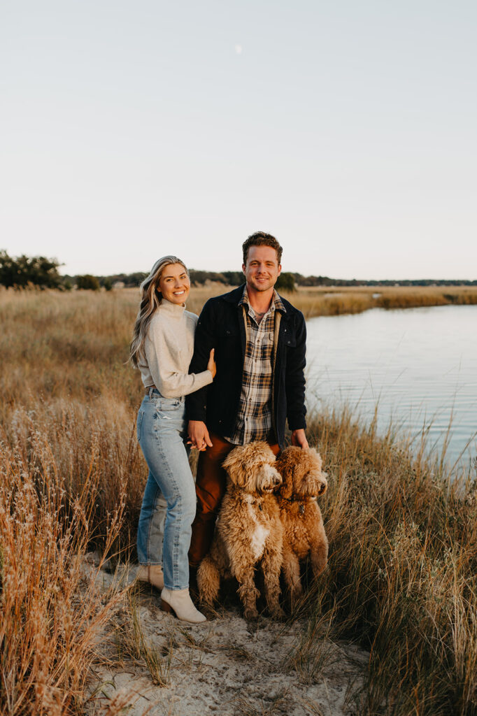 Engagement photos at pleasure house point. Engagement photos with dogs. Virginia Beach Wedding photographer.